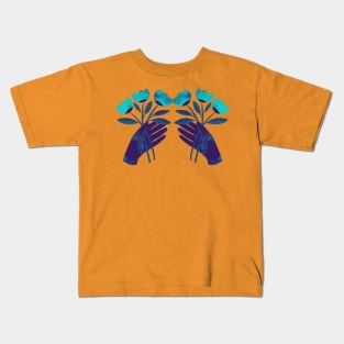 Dark purple blue hand with turquoise flowers for you on color Kids T-Shirt